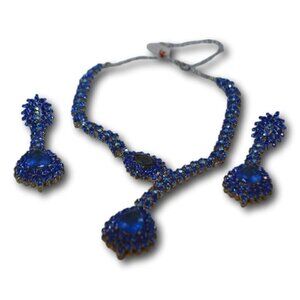 Vintage Electric Blue Rhinestone Crystal Pendant and Pierced Earring Set